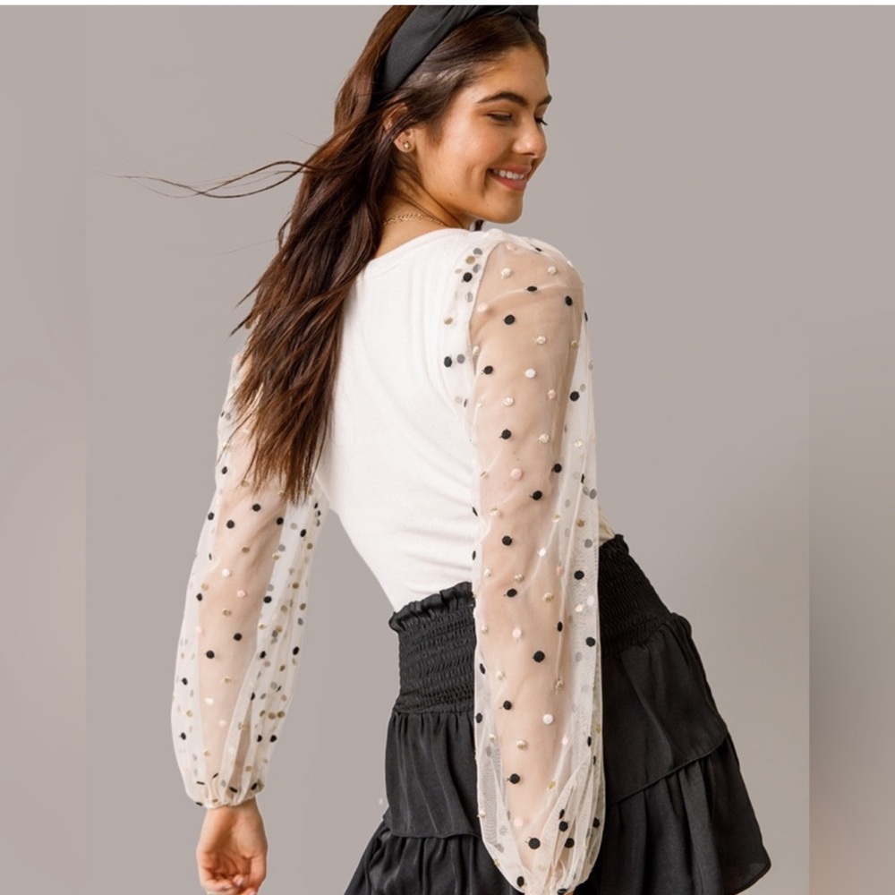 Bodysuit Top with Sheer sleeves with polka dots ivory with snap closure Medium